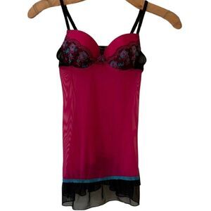 Vintage‎ Corset Bra Top Pink Floral Sheer Y2K Lingerie Baby doll Medium